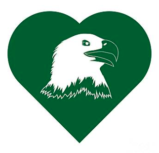 Our eagle mascot (just the head) is inside of a green heart.