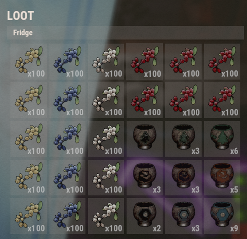 A screenshot of the inventory UI of a fridge in the PC game "Rust" containing berries and "tea"