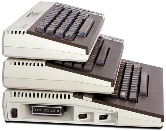 Atari 600XL on top of Atari 800XL on top of Atari 1200XL - i.e., a tower of Atari XL computers.