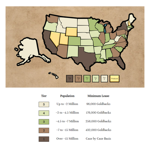 A unique U.S. map appears with states color-coded, the key beneath the map. States already gold, already produce "Goldbacks" there, other states would require increasing numbers of new Goldbacks depending on the states' population, in five tiers of color-coding.