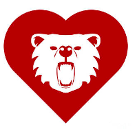 The head of a bear is inside a red heart.