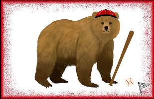 Our bear mascot is playing baseball, wearing a baseball hat and holding a baseball bat, with a red background.