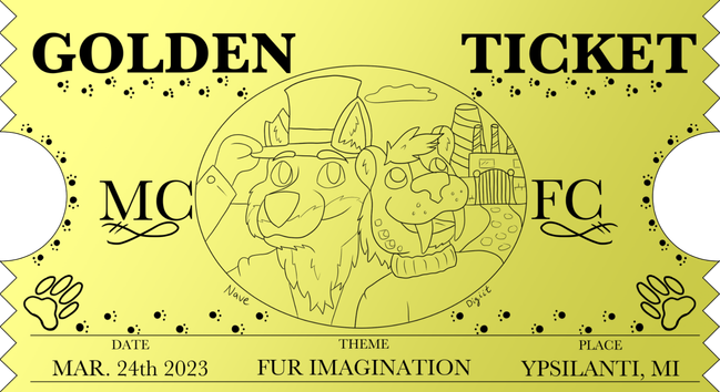 A spoof of a golden ticket very much like the one from Willy Wonka/Charlie and the chocolate factory. At the top, it says “Golden Ticket” in big letters and on the embroidery, it says “MCFC” and at the bottom are details related to the convention. In the middle, it is a line art of a canine version of Willy wonka and a saber tooth version of Charlie. In the background appears to be the chocolate factory.