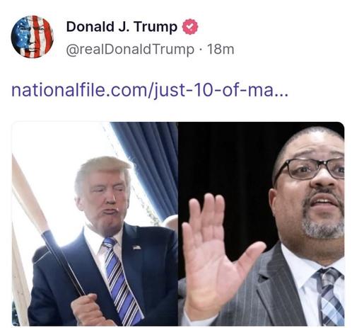 Post shared by Trump--he is on the left with a bat in hand & to right-side a photo of DA Braggs; Trump image infers by placement that Trump is behind Braggs with a baseball bat,poised to hit Braggs in the back of the head