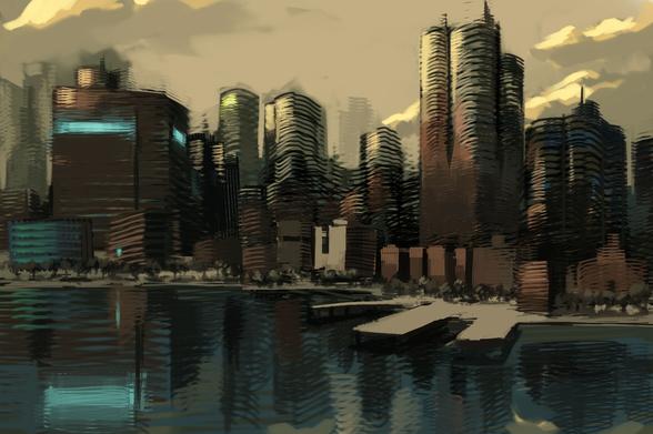 Digital painting of skyscrapers near a shoreline, created from imagination