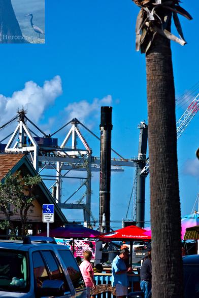 A photograph with a palm tree trunk in the foreground on the right, a small crowd of people lining up in front of a wooden restaurant window with red sun parasols, occupying the middle ground, and a SpaceX Falcon 9 rocket core in the center background, scorched from re-entry.