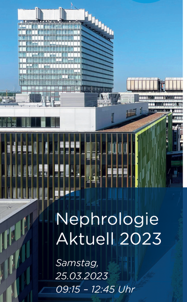 Titelseite des Flyers für die Veranstaltung mit dem Bettenhaus der Uniklinik Köln und strahlend blauem Himmel.