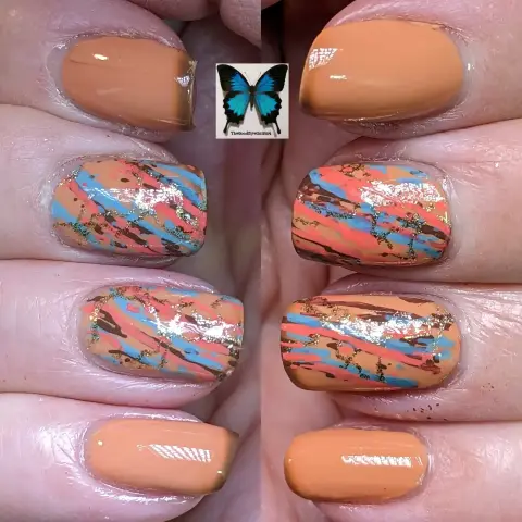 Fingers in vertical rows showing nail polish in the hot colour of orange with marble stamping on the middle nails in the colours orange, blue, brown & gold.