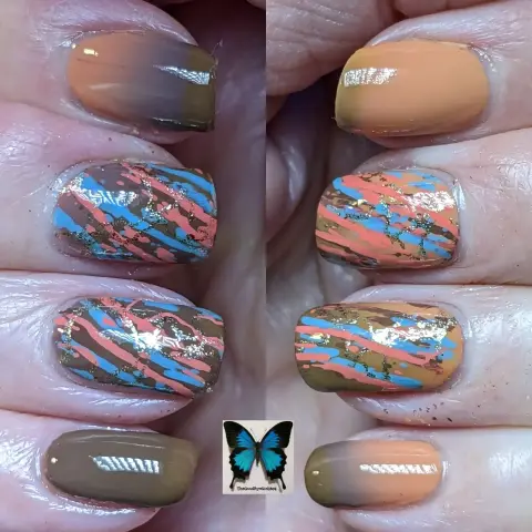 Fingers in vertical rows showing nail polish in the transition between brown  and orange with marble stamping on the middle nails in the colours orange, blue, brown & gold.