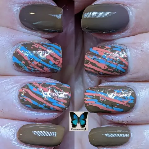 Fingers in vertical rows showing nail polish in the cold colour of brown with marble stamping on the middle nails in the colours orange, blue, brown & gold.