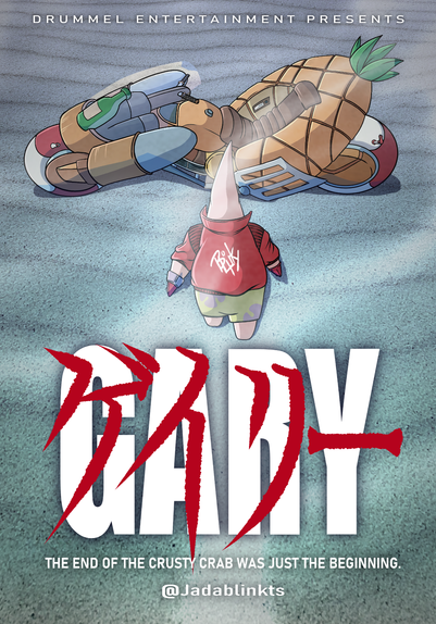Patrick Star schreitet im Stile Kanedas aus AKIRA mit dem Rücken zu uns auf ein futuristisches Motorrad zu, welches unter anderem aus Pfannenwendern, Schwimmreifen und einer Ananas besteht.
Davor der Schriftzug in weiß "GARY" und davor dies nochmal in roten japanischen Schriftzeichen.