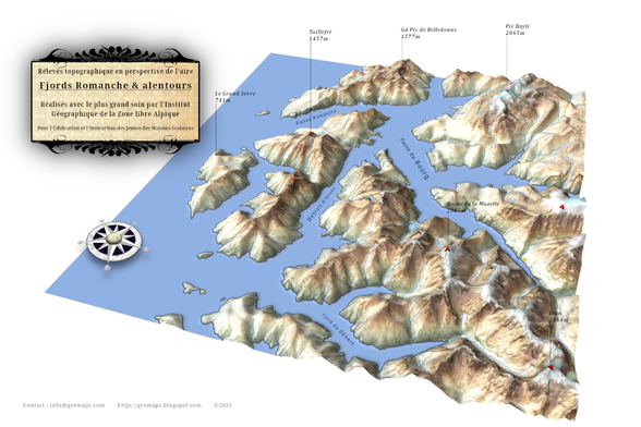 Carte imaginaire de la région de l'Ouest de l'Oisans, Alpes Françaises, département de l'Isère, avec un niveau de la mer à 1400 mètres.
