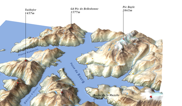 Carte imaginaire de la région de l'Ouest de l'Oisans, Alpes Françaises, département de l'Isère, avec un niveau de la mer à 1400 mètres. Détail centré sur le massif des Grandes Rousses, Alpe d'Huez.