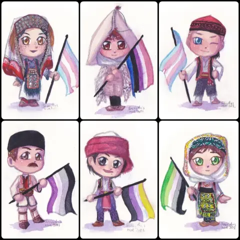 Paintings of six more different chibi characters wearing various Bosnian folk clothings and each carrying one pride flag. The description for evach of them in details will be in the posts below.