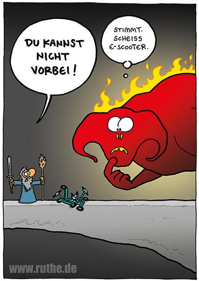 Das Bild zeigt Gandalf an der Brücke von Khazad-dûm, er steht dem Balrog gegenüber. Gandalf: "Du kannst nicht vorbei!". Balrog (verdutzt): "Stimmt. Scheiß E-Scooter.". Zwischen den beiden ist die Brücke unbenutzbar, weil mehrere E-Scooter den Weg versperren.