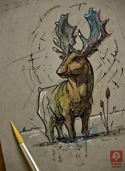 Small painting with line drawing of a deer with blue antlers standing in the water