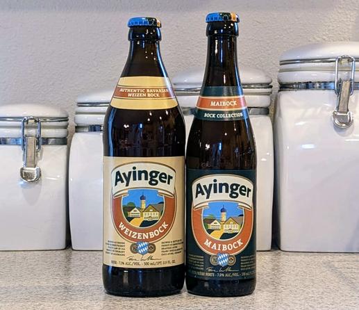 Bottles of Ayinger Weizenbock and Maibock