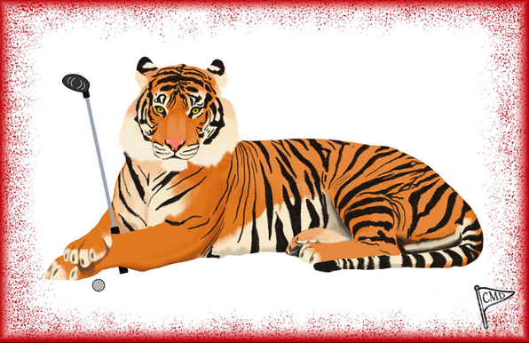 Our tiger mascot is playing golf, with a red background.