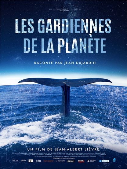 Affiche du film «Les gardiennes de la planète», un film de Jean-Albert Lièvre, raconté par Jean Dujardin. Au centre, une queue de baleine qui replonge, alignée sur l'horizon courbe qui sépare les bleus de l'océan et du ciel.