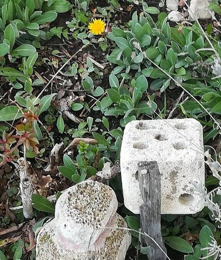 Drei Kunstwerke von Josef Überall im Garten. Viel Grün und eine gelbe Löwenzahnblüte.