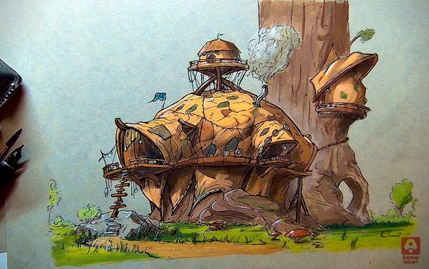 ink and gouache illustration of a orange tent which is located on a big tree root.