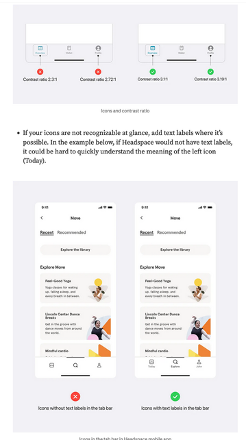 Icons guidelines, including some good and bad example of proper contrast ratio, and an example of icons without labels (bad) vs icons with labels (good) in the iOS tabar
