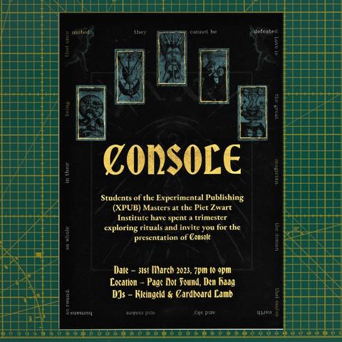 Poster with golden letters and tarot card illustrations on black background advertising event at Page Not Found.