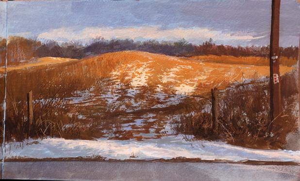 Painting of the last snow clinging to a Hudson River Valley hayfield.