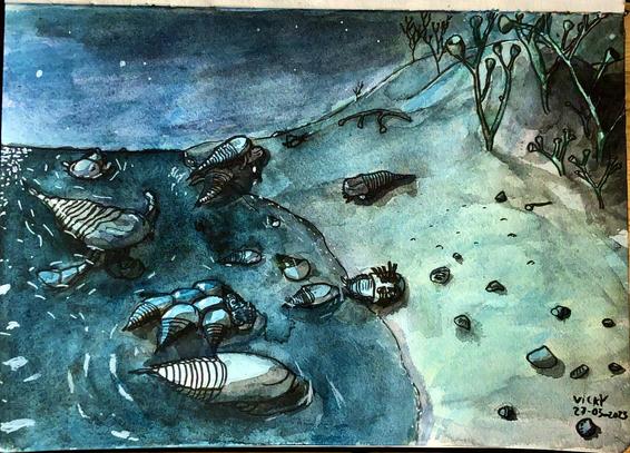 A watercolour showing a calm beach at night. Pseudoniscus horseshoe crabs are crowded around one another and mating in the shallows in the foreground, partially underwater and partially about it. They looks similar to modern horseshoe crabs, but the segments on the rear half of their body are not fused into an extension of the carapace. Two of them have been flipped onto their backs and are struggling to right themselves.
Farther in the background, the much larger sea scorpions are doing similar things. They resemble scorpions, but with the tail held flat and large swimming paddles instead of claws. One of them has noticed the horseshoe crabs and is chasing one.
There are shells on the moonlit beach and small dunes with Cooksonia plants past them. They are primitive plants whose stalks split in two several times and end in a cup-shaped sporangium. There are stars in the sky and reflections of moonlight on the water and the animals, though the Moon itself is not seen.