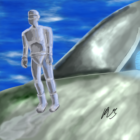 Gort, a giant silver robot, standing on Klaatu's flying saucer.