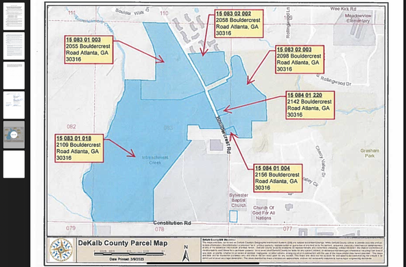 Map of Weelaunee People’s Park and surrounding areas in southeast Atlanta showing properties closed to the public by Dekalb County Executive Order 2023-001 on Friday March 24th 2023. A large portion of the park, the southeastern most portion which contains the parking lot, is not highlighted as one of the closed properties.