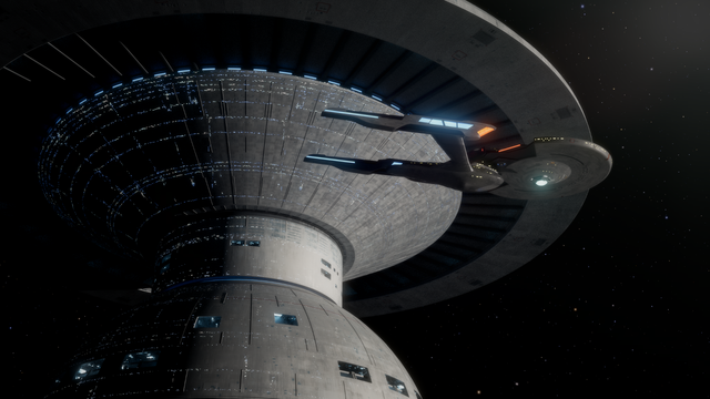 Space scene: Classic Ournal Space station from Star Trek, only seeing parts of the upper "mushroom", USS Titan-A flying by. Harsh space lighting from the right.