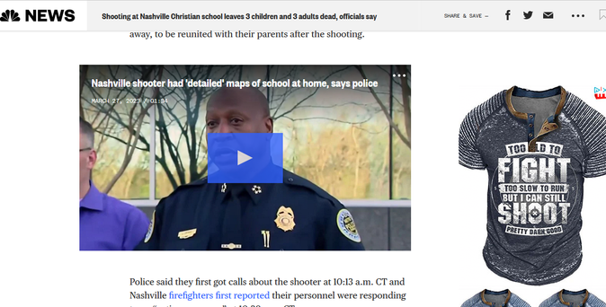 Ad for a pro-gun t-shirt next to a school shooting news story