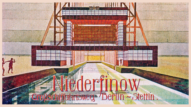 Zeitgenössische Grafik des Schiffshebewerks, Aufschrift: Niederfinow Großschiffahrtsweg Stettin - Berlin