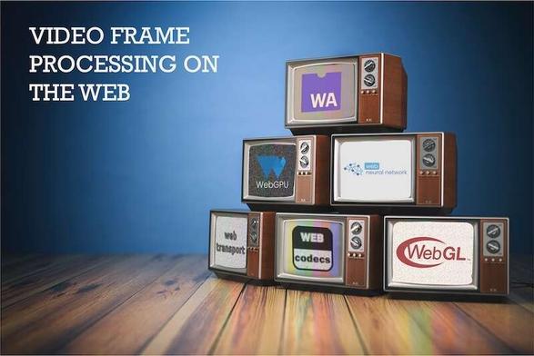 A pile of 6 old TV sets in an empty room, each one displaying a technology logo: logo Web Assembly, logo WebGPU, logo Web Transport, logo Web Codecs, and logo WebGL.