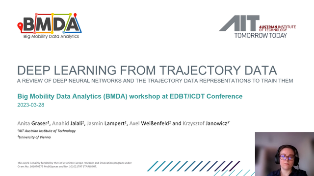 Screenshot of the intro slide of my talk titled: 

Deep Learning From Trajectory Data - A Review of Deep Neural Networks and the Trajectory Data Representations to Train Them 

presented at the Big Mobility Data Analytics (BMDA) workshop at EDBT/ICDT Conference
on 2023-03-28

authored by 
Anita Graser, Anahid Jalali, Jasmin Lampert, Axel Weißenfeld and Krzysztof Janowicz

This work is mainly funded by the EU’s Horizon Europe research and innovation program under Grant No. 101070279 MobiSpaces and No. 101021797 STARLIGHT.