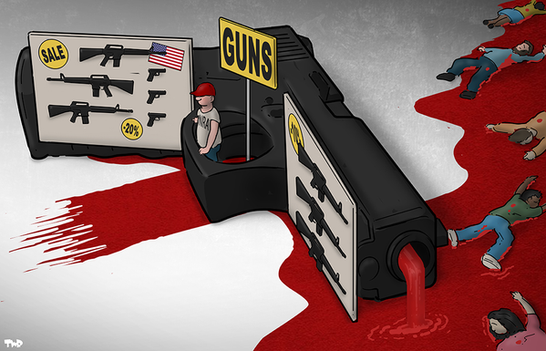 We are at a GUNS show, the American SALE white promotional presentations of military weapons and handguns stand before the array of dead bodies of kids bleeding a sea of blood which emerges as a red carpet at the feet of the man in charge of the SALE