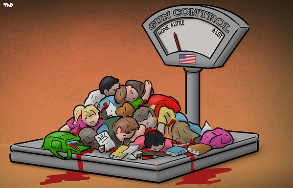 GUN CONTROL
NONE ALITTLE                          ALOT
         |
The gun control machine appears to be based on weight, here is weighing the bodies of seven children blood flowing and barely records A LITTLE