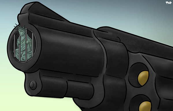 The statue of liberty encased in the prison cell of a sub-nosed revolver.
