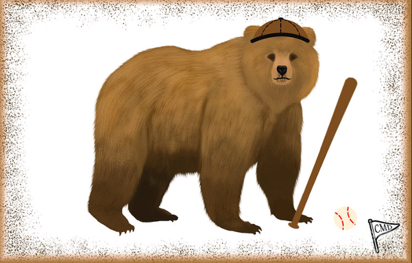 Our bear mascot is playing baseball.  He is wearing a baseball hat and holding a baseball bat.