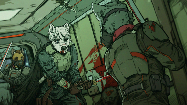 Tense hallway fight scene between anthropomorphic canines wielding swords.