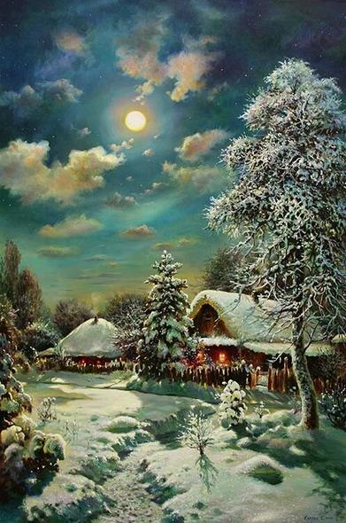 Night winter landscape with a full moon surrounded by clouds. Moonlight illuminates the houses of a small farm with windows glowing with warm light, snow-covered trees, and a path beaten in deep snow.