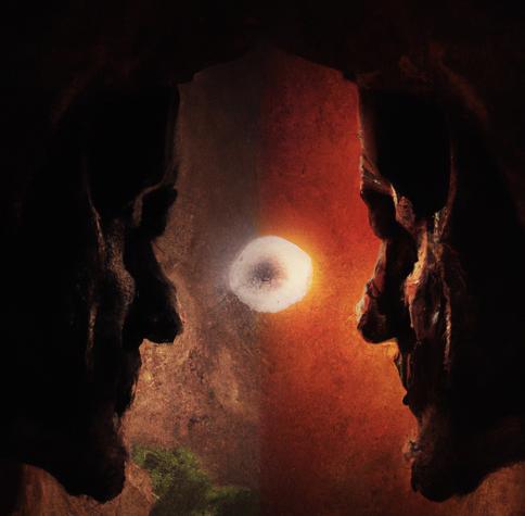 Two ancient looking stone carved faces, facing each other. Background of the left side is brown with something green like shrubbery at the bottom. Background of the right side is dark orangey-red. In the center is a small ball of white light that has grey in the center of it. Light is shining on the right side, on the face and the background. Image: AI-generated by the author, using Dall-E 2.
