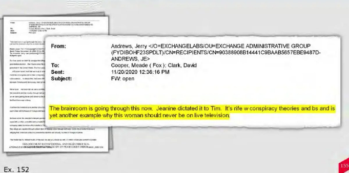 An email from a Fox News executive saying that Jeanine Pirro's show is "rife w[ith] conspiracy theories and bs" and it demonstrates "why this woman should never be on live television"