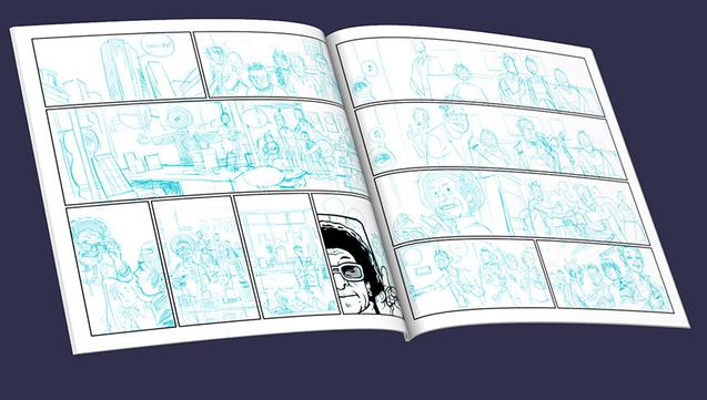 comic book spread from Geezer #2, rendered in 3D by Clip Studio.