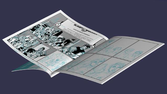 comic book spread from Geezer #2, rendered in 3D by Clip Studio. - managed to get a screenshot mid-pageturn.