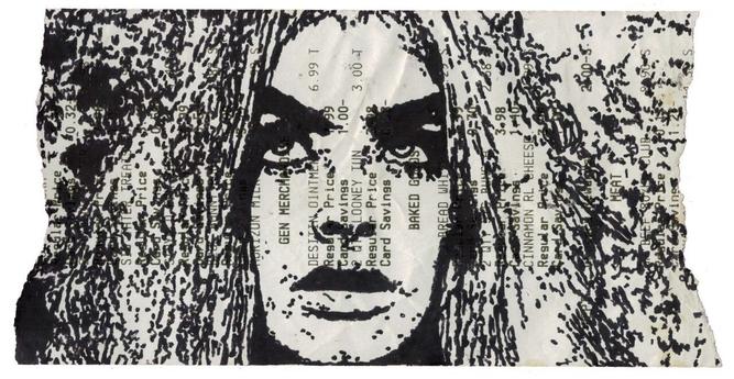 Pen drawing of Angel Blake drawn on a torn receipt.