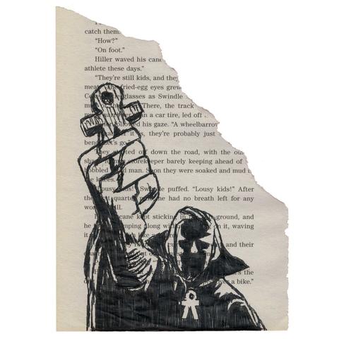 Pen drawing of a vampire holding up an Ankh drawn on a torn-out book page.