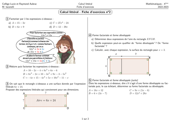 Première page de ma deuxième fiche d'exercice sur le calcul littéral.
