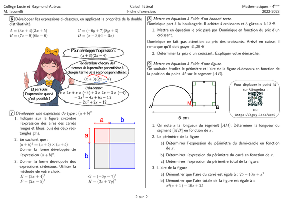 Deuxième page de ma deuxième fiche d'exercices sur le calcul littéral.